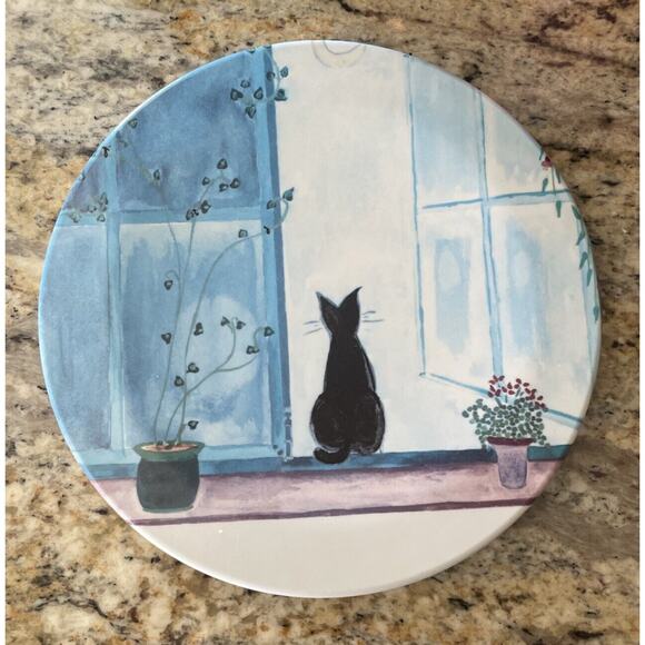 Mebel Italy Black Kitty Cat Looking Out Window Plants Melamine Trivet Tray 7.5” - Picture 4 of 5